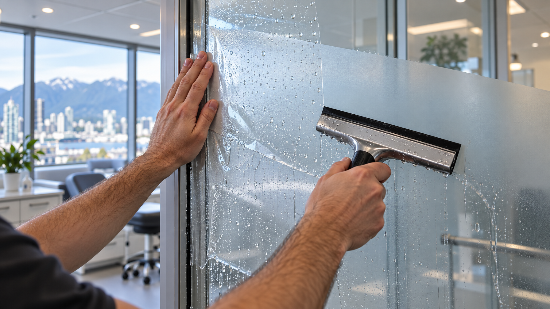 Close-up of architectural window film being squeegeed onto interior clinic glass