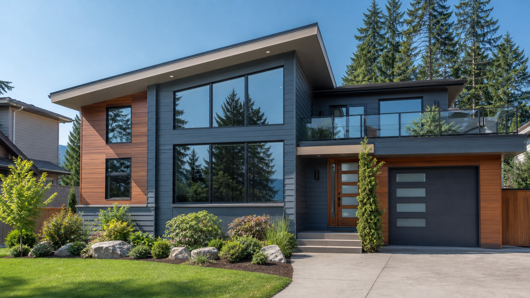 Modern British Columbia home with professionally installed solar control window film on large windows