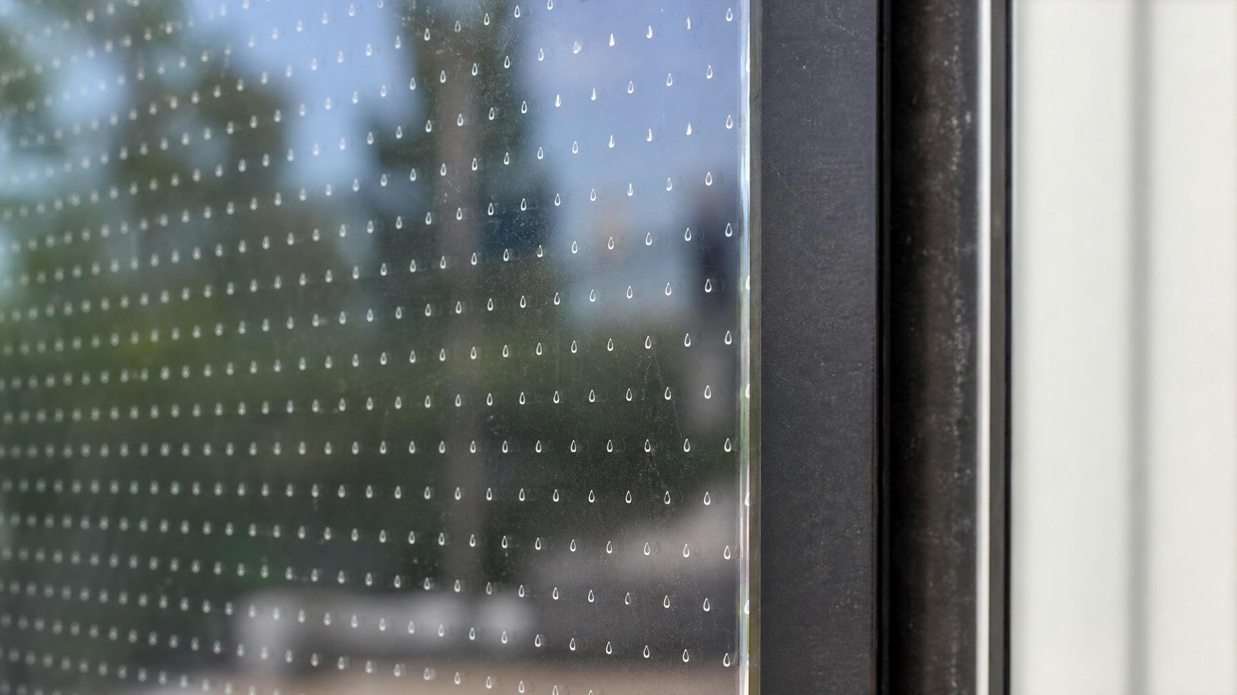 Close-up detail of bird-safe window film UV dot pattern on commercial glass in Vancouver BC