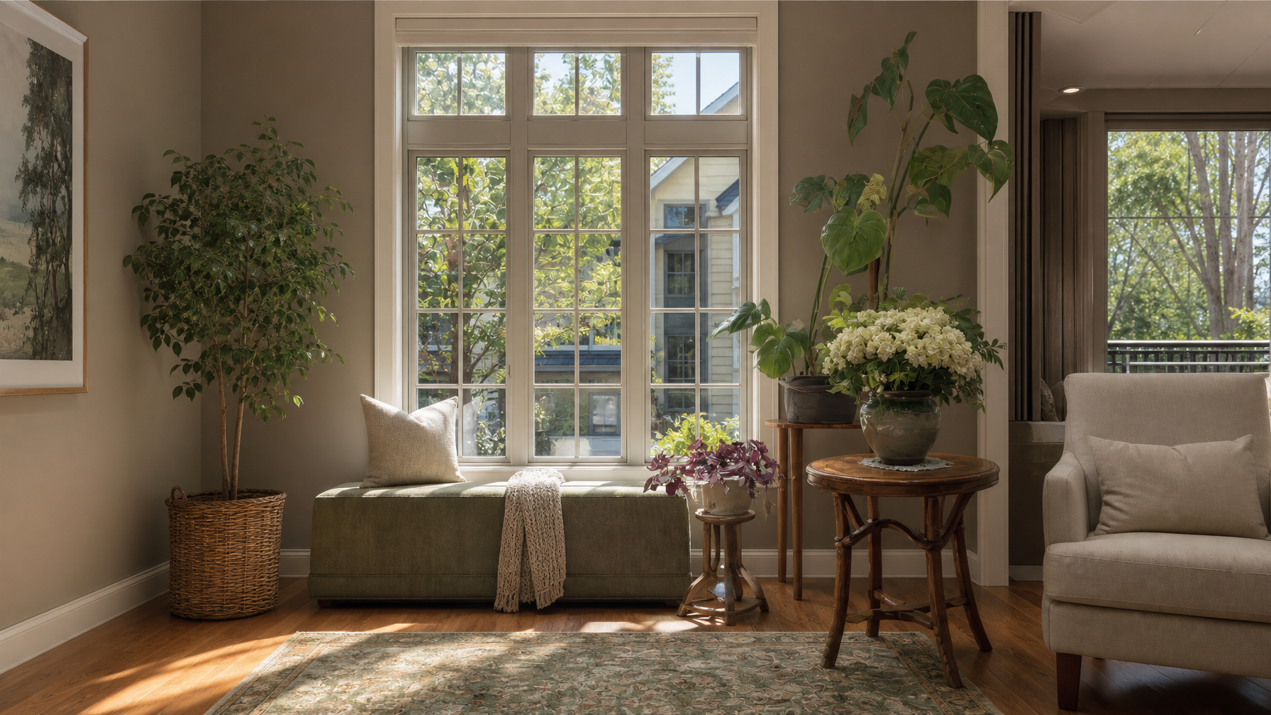Bright Vancouver living room with large windows and protected hardwood floors after clear UV film installation