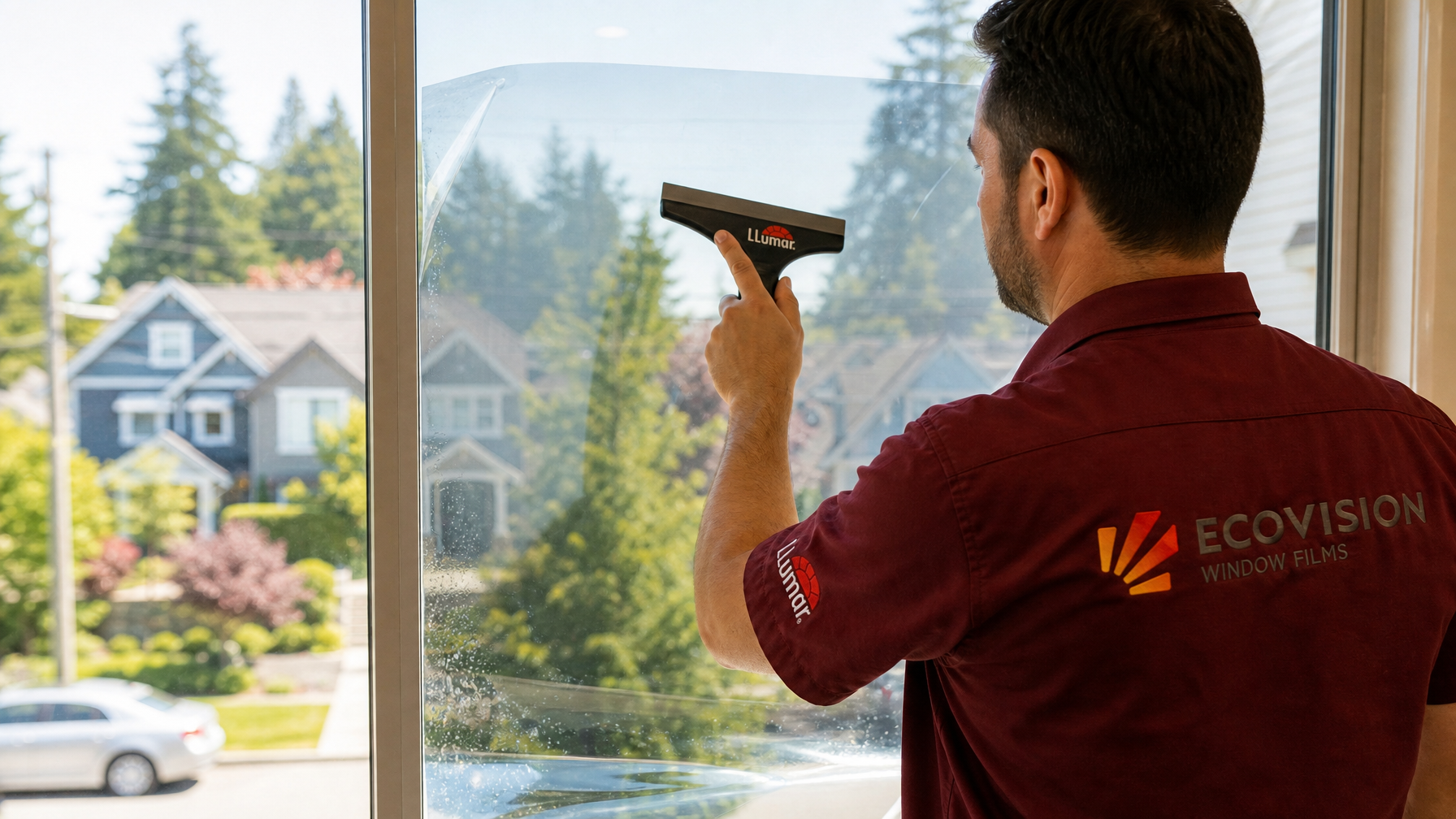 Ecovision installer in brick-red work shirt applying new LLumar window film to a freshly cleared residential window in Vancouver