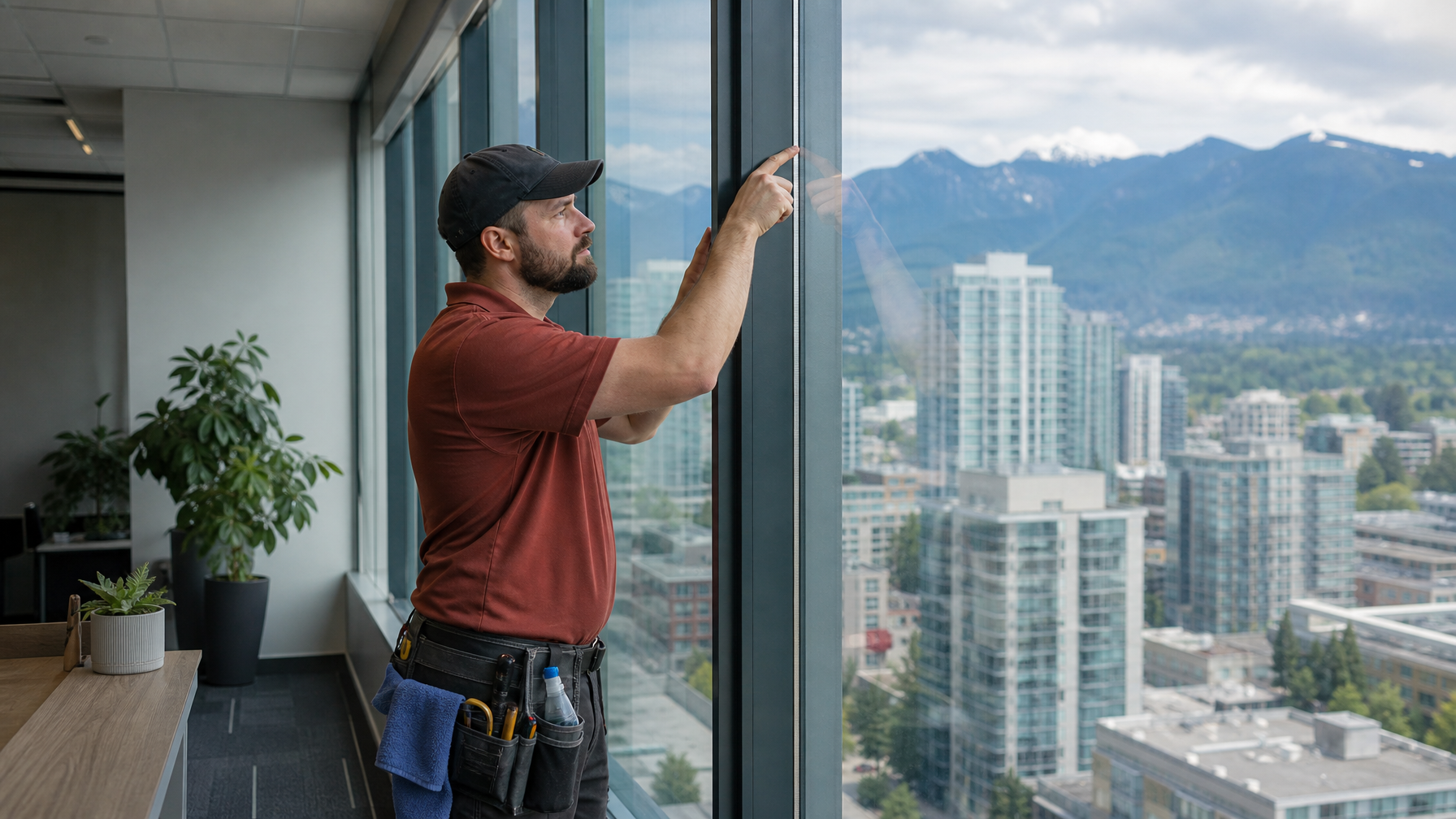 Ecovision installer in brick-red shirt inspecting professional window film edges on Vancouver commercial glass for warranty quality