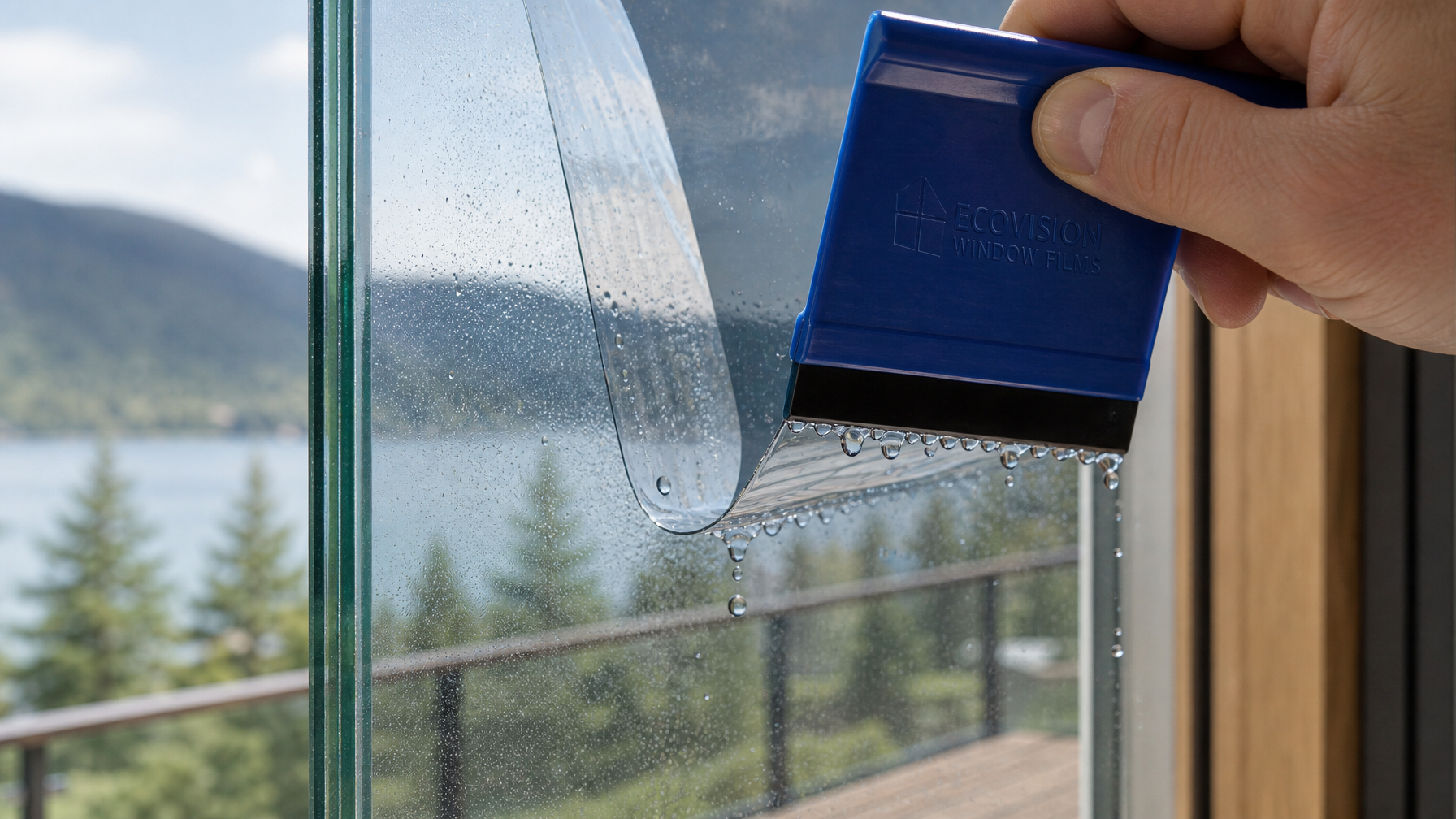 Close-up of solar window film installation on double pane glass