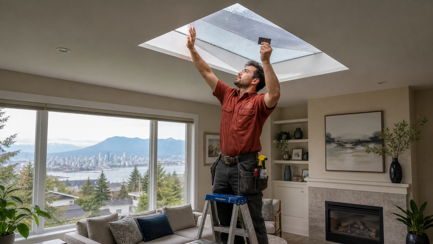 Ecovision installer in a brick-red shirt applying solar film to a Vancouver home skylight