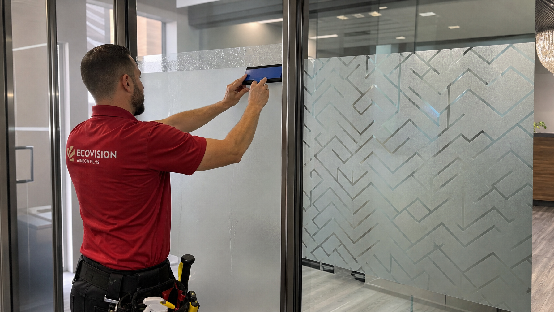 Ecovision installer in brick-red shirt applying frosted window film next to an adjacent etched glass panel in a modern Vancouver commercial space
