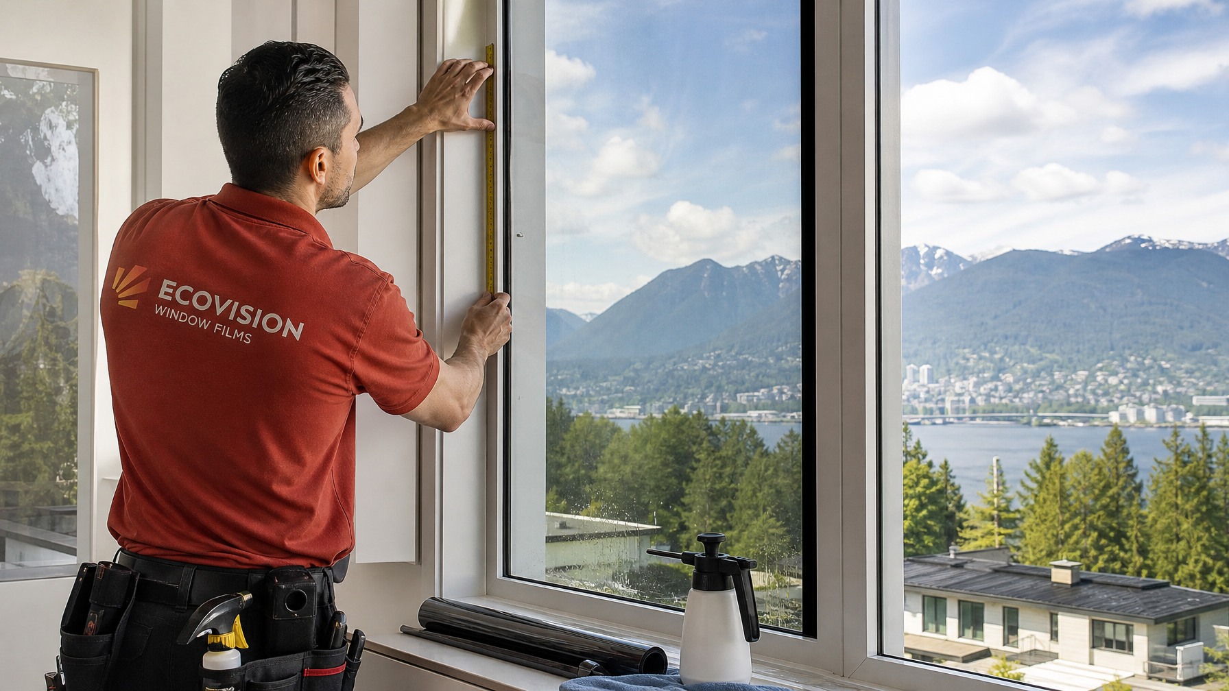 Ecovision Window Films installer applying window film to double pane Low-E glass in a Vancouver residential home