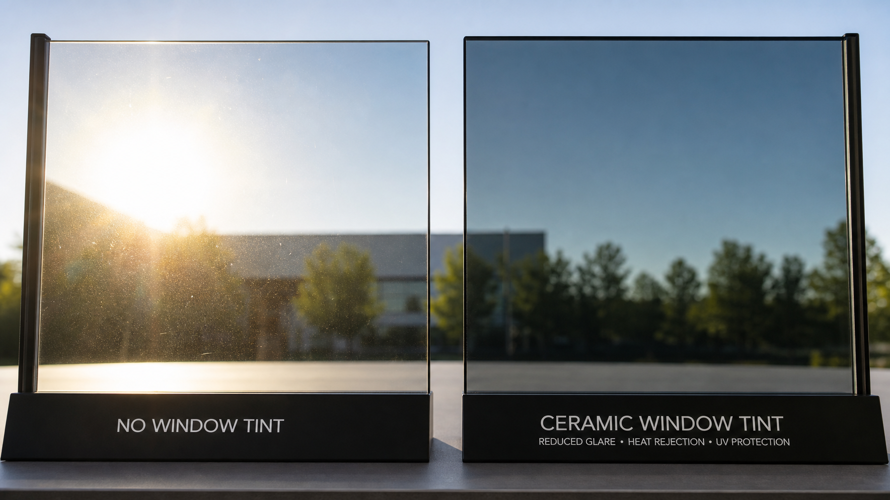 Side-by-side comparison of untinted glass with harsh glare versus ceramic window tinting film applied showing reduced heat and improved clarity, relevant for Burnaby strata buildings