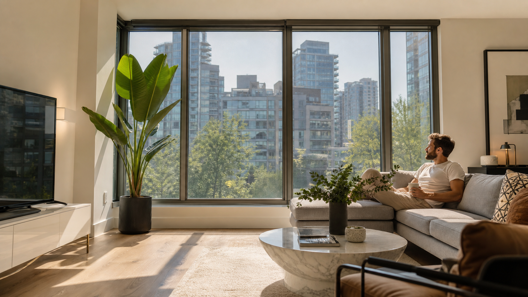 Modern Vancouver BC living room with ceramic solar window film filtering summer sunlight comfortably
