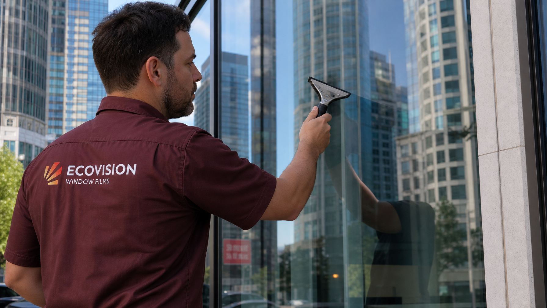 Ecovision installer in brick-red shirt finishing commercial window film installation on downtown Vancouver storefront glass