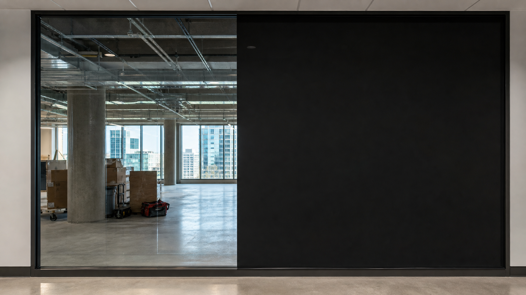 Side-by-side clear commercial glass versus opaque privacy window film blocking construction interior view