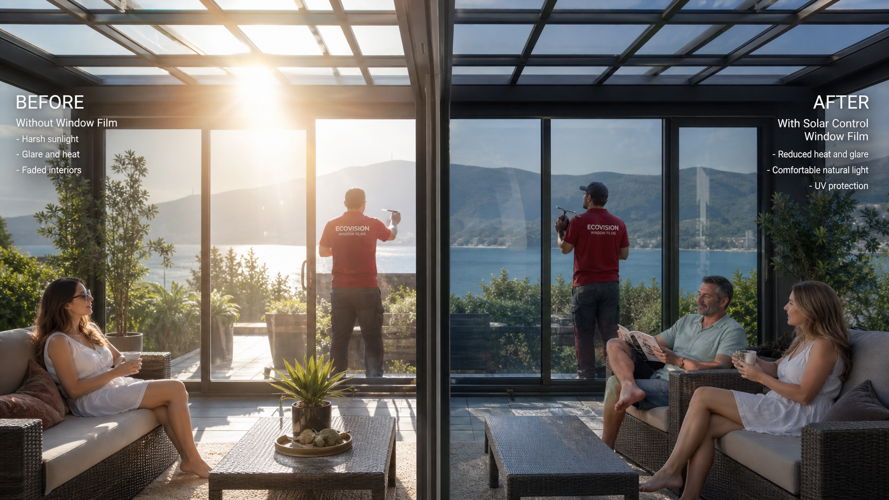 Before and after impression of a Vancouver outdoor pergola patio showing harsh glare and heat on untreated glass versus comfortable diffused light with solar control film installed