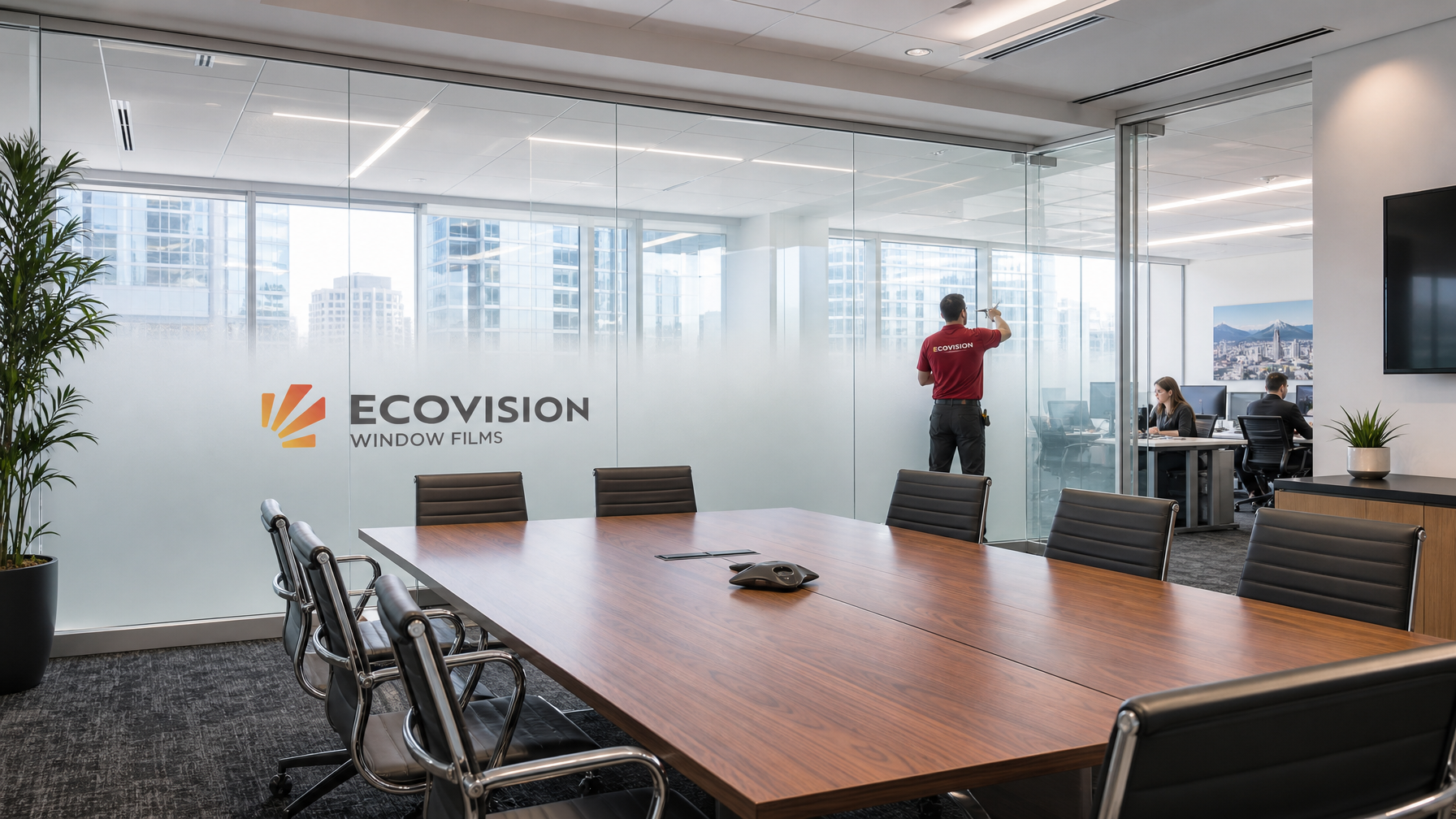 Modern Vancouver office boardroom with gradient frosted window film on glass partition walls providing privacy at lower sections while preserving natural light above