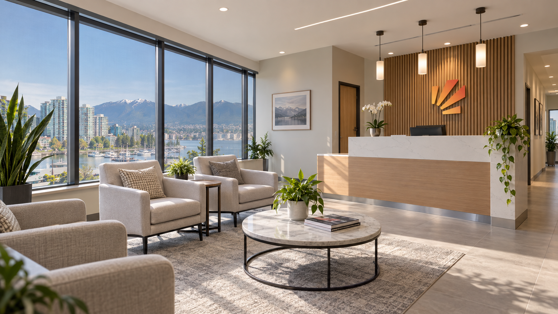 Bright Vancouver dental waiting room with solar control film on large windows