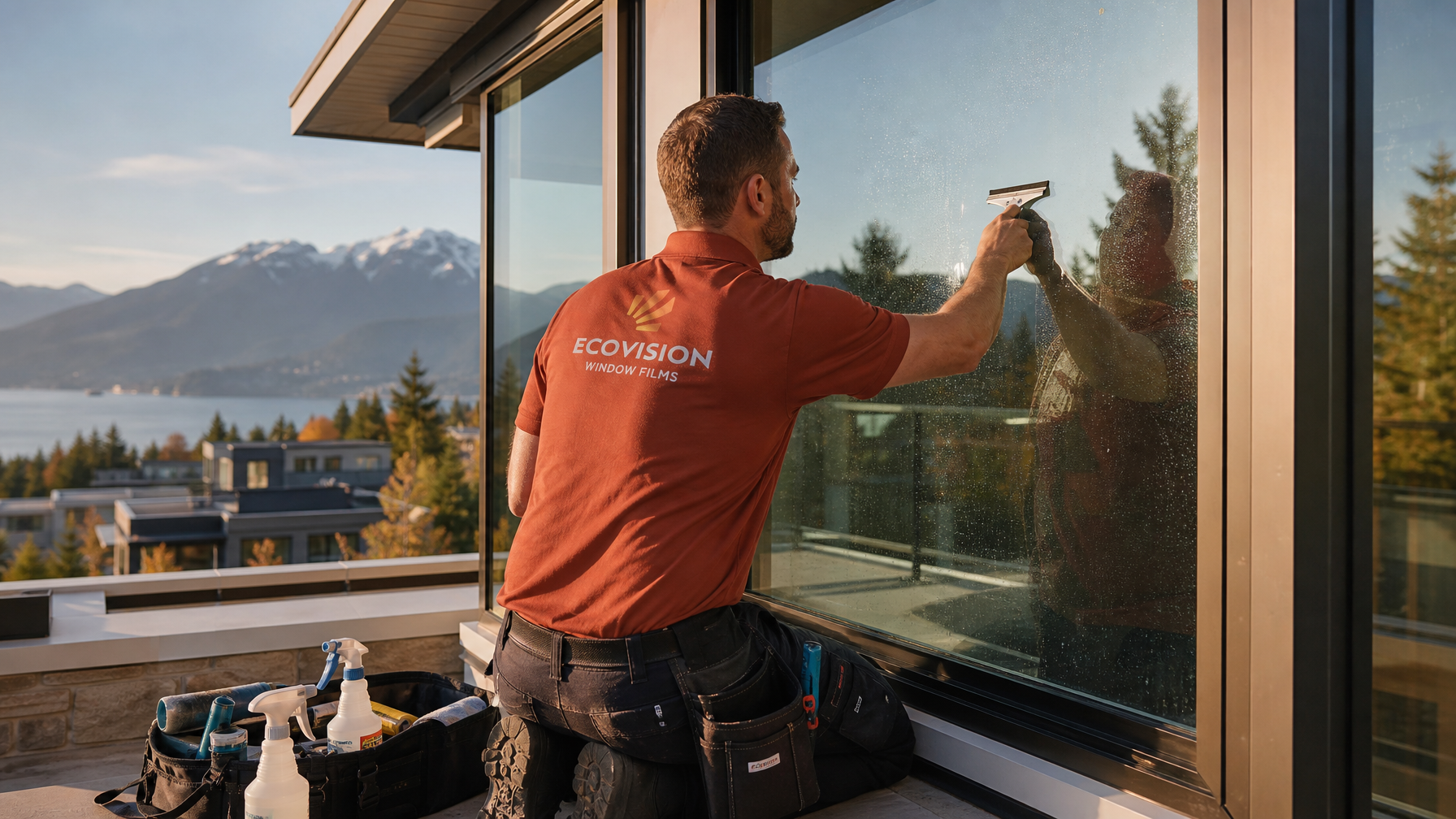 Ecovision installer in brick-red shirt applying window film to a residential home in Metro Vancouver BC