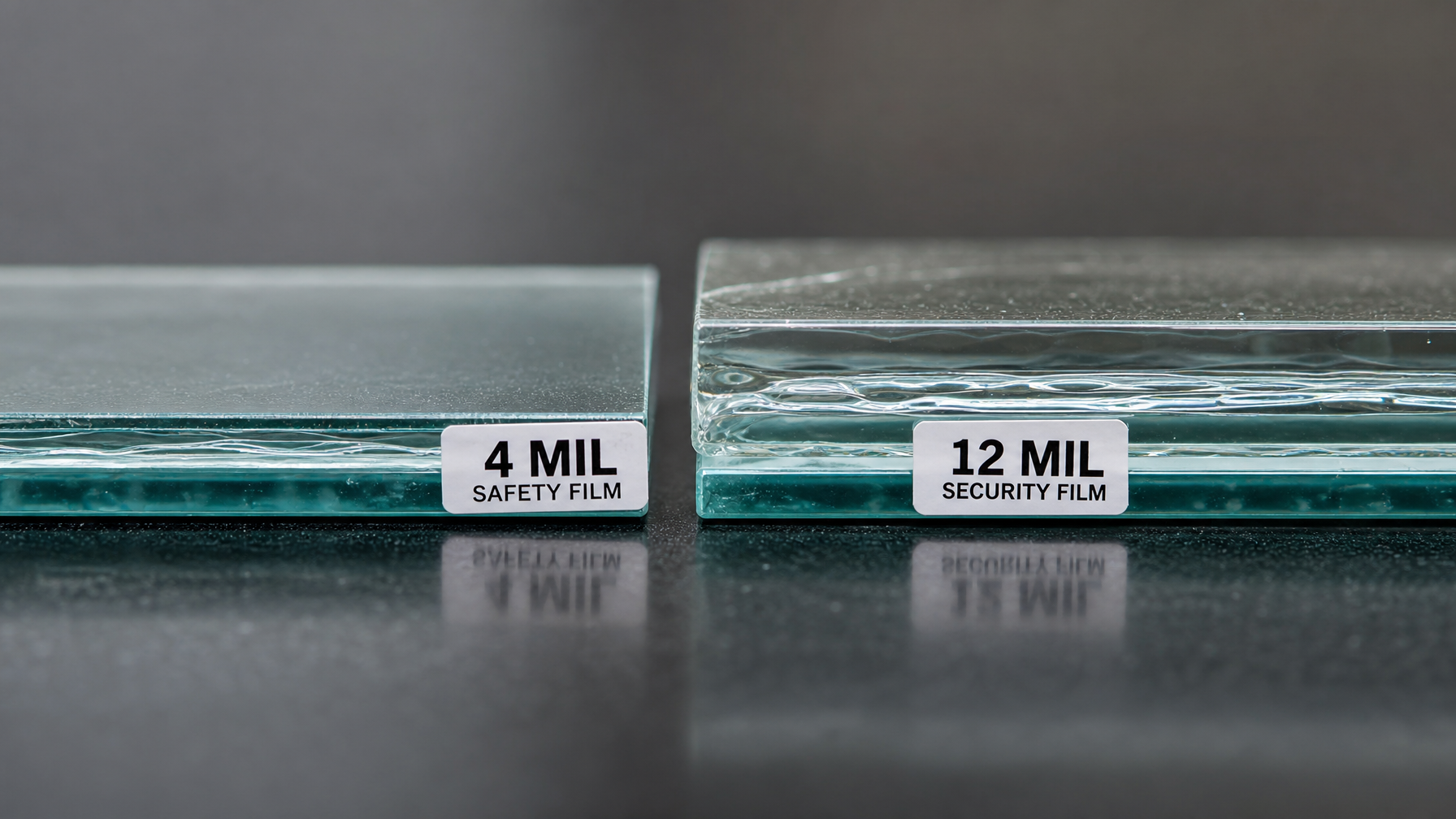 Close-up comparison of 4-mil safety film versus 12-mil security film thickness on glass, showing the physical difference