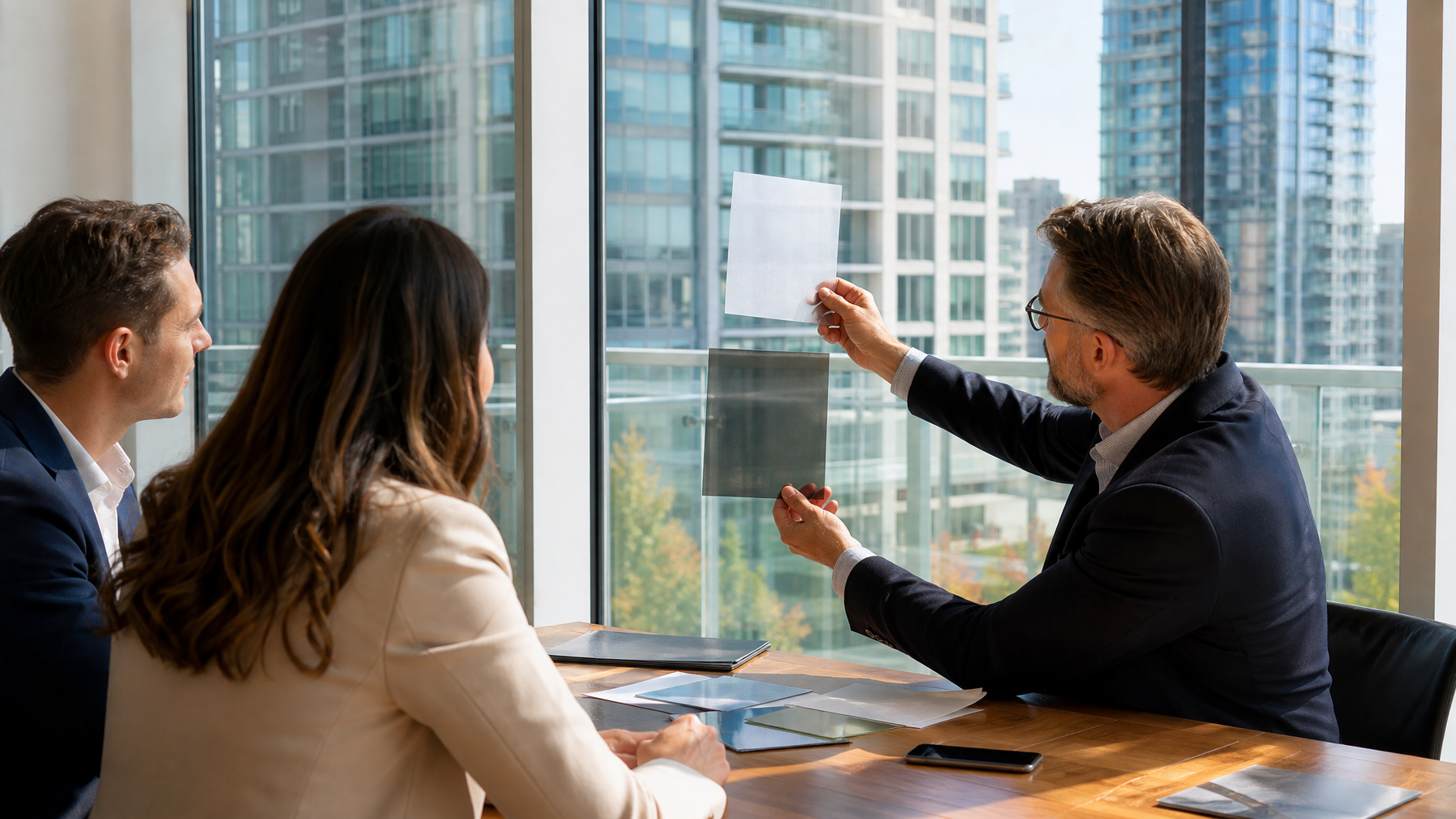Strata council members and property manager reviewing clear and lightly tinted window film samples against condo building glass with Vancouver skyline in background