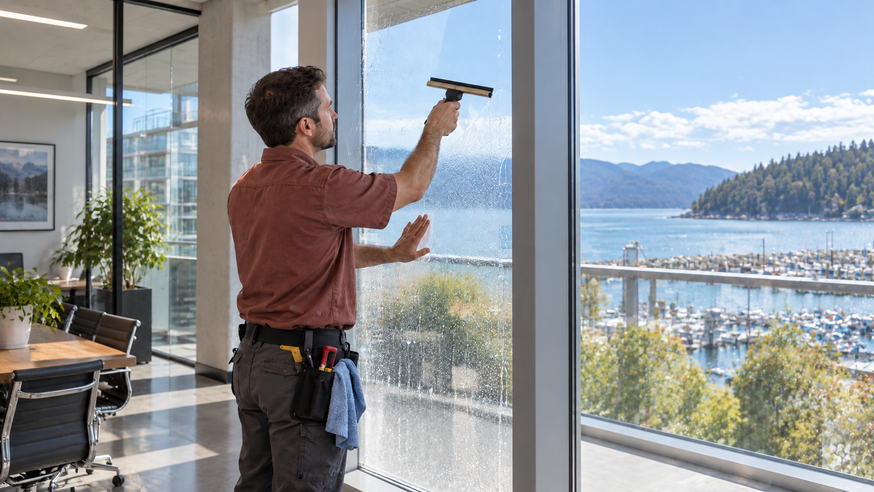 Ecovision installer in a brick-red shirt applying architectural window film on dual-pane glass