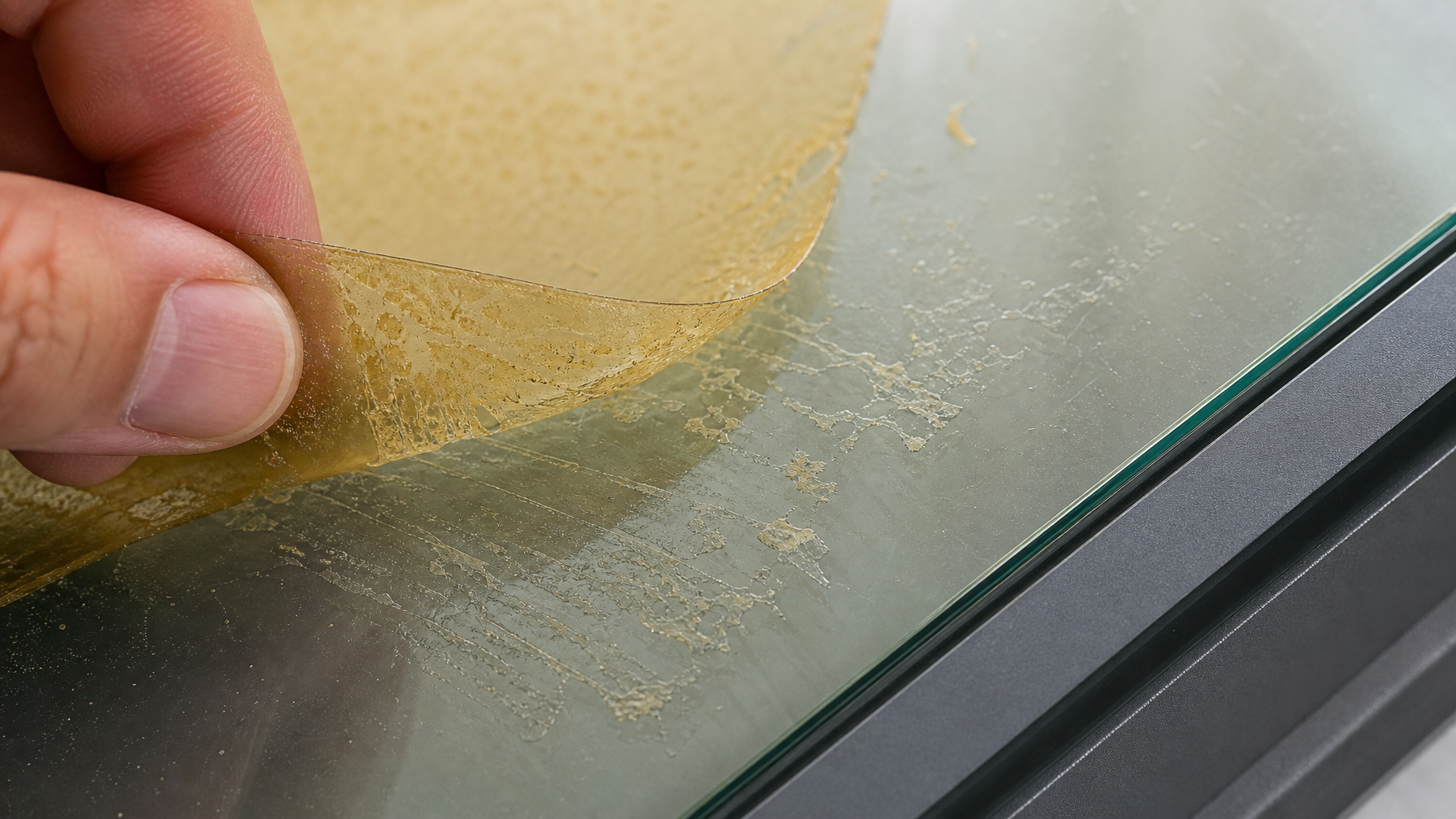 Close-up of old Gila window film being peeled back from glass showing adhesive residue layer underneath