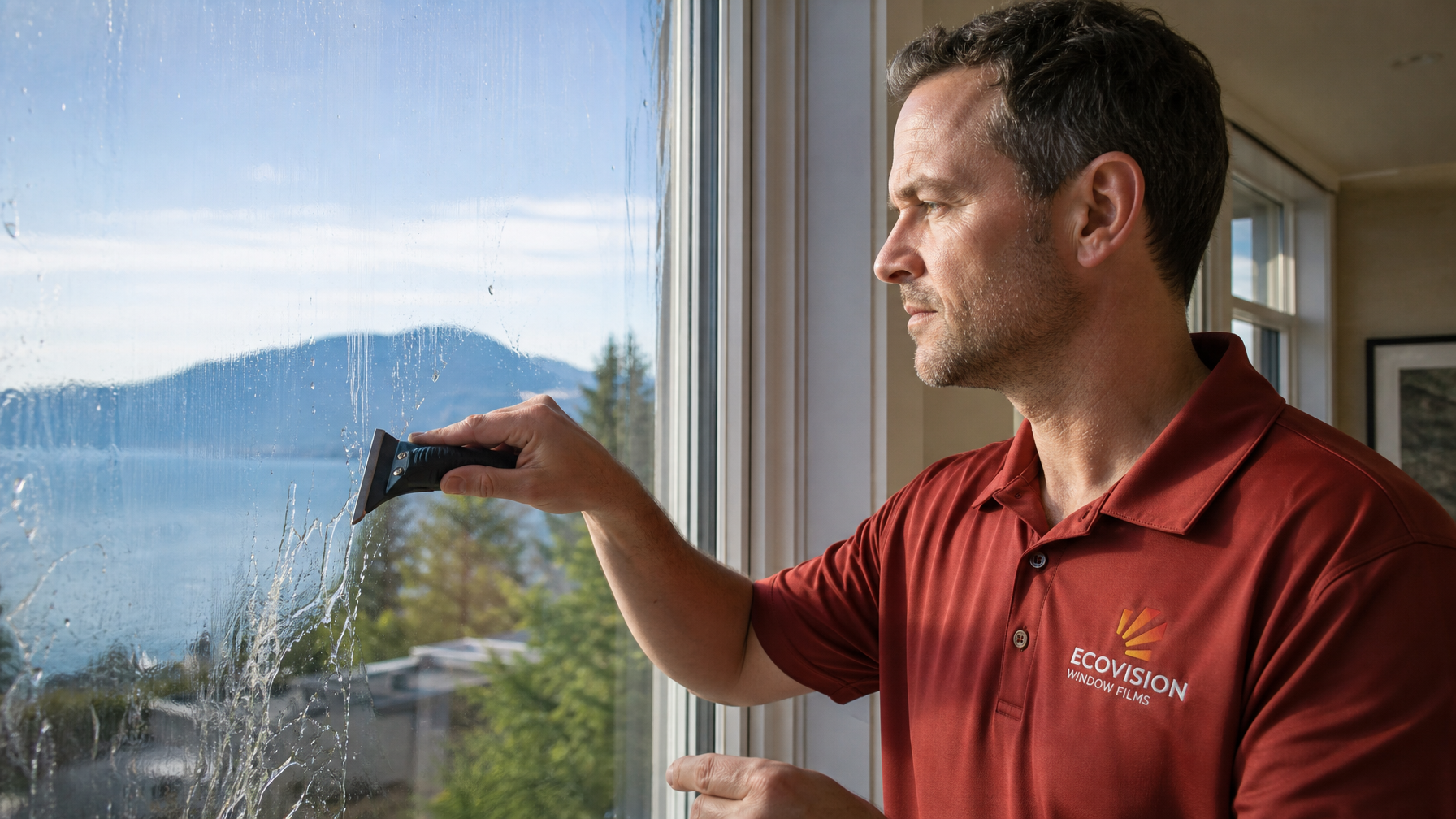 Ecovision installer in brick-red work shirt removing old window film from a Vancouver residential window using a professional scraper