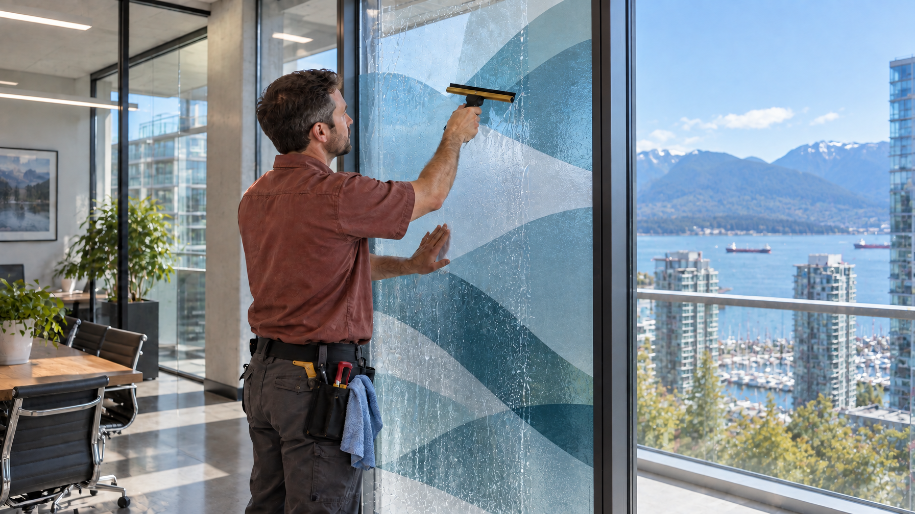 Ecovision installer in a brick-red shirt applying coloured decorative film to Vancouver office glass