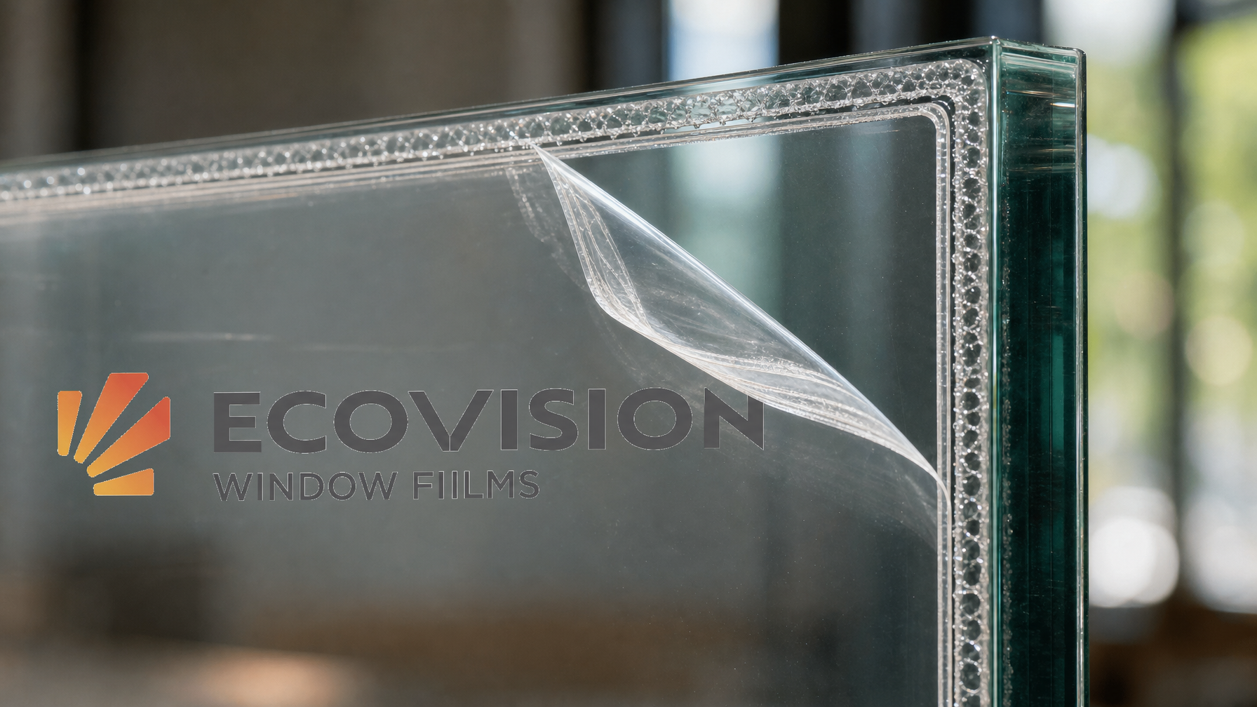 Close-up of anti-shatter security window film layers and adhesive border on glass