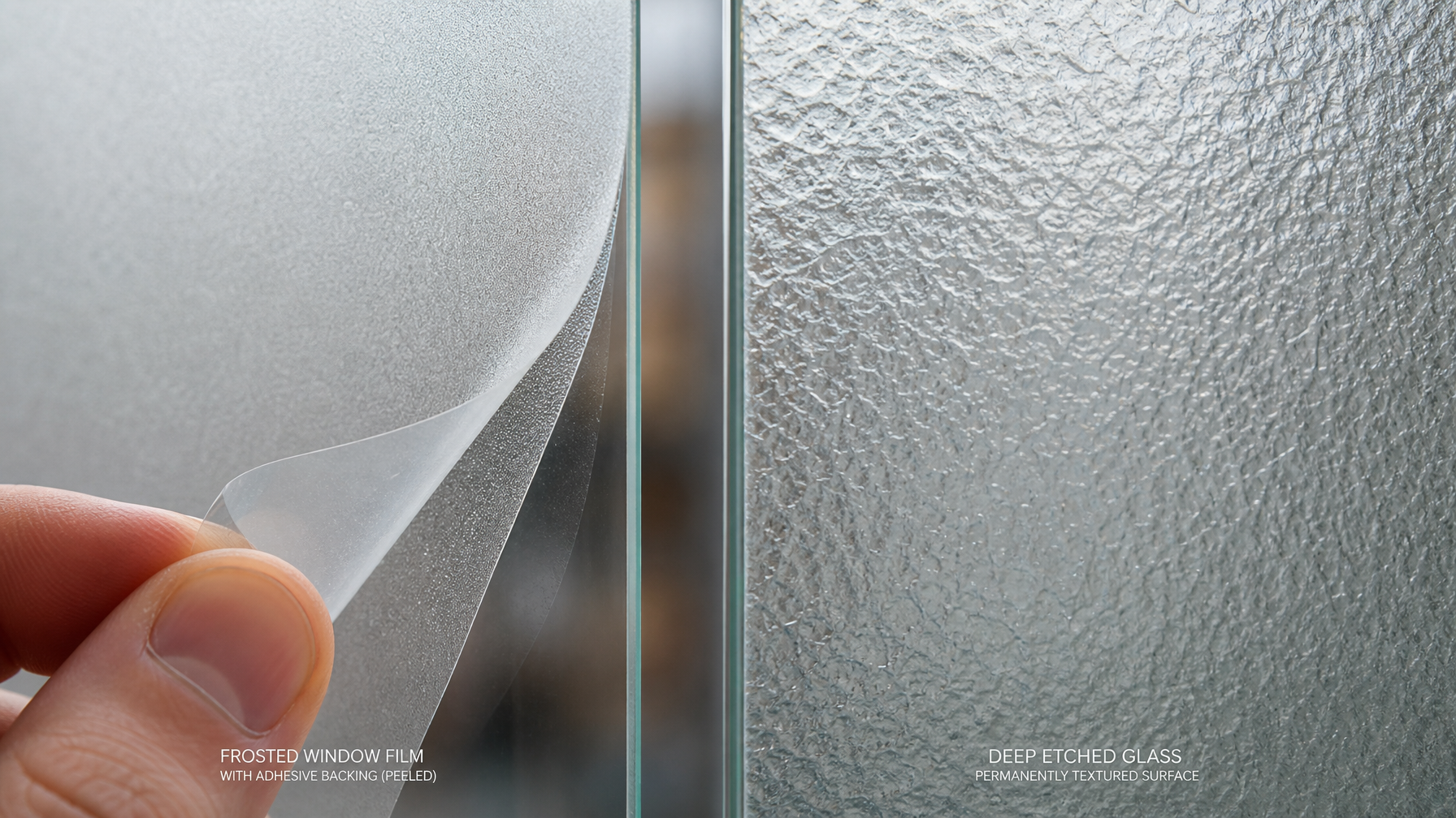 Close-up macro comparison of frosted window film with adhesive backing partially peeled versus deeply acid-etched glass texture, showing material differences