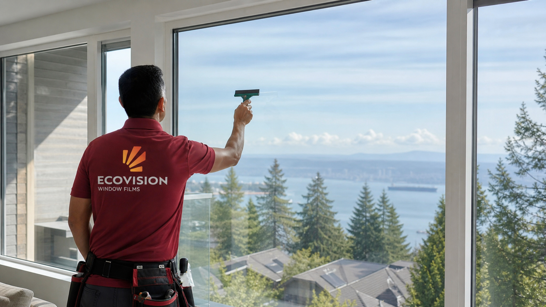 Ecovision installer in brick-red shirt applying clear spectrally selective solar film to a large floor-to-ceiling window in a Vancouver home