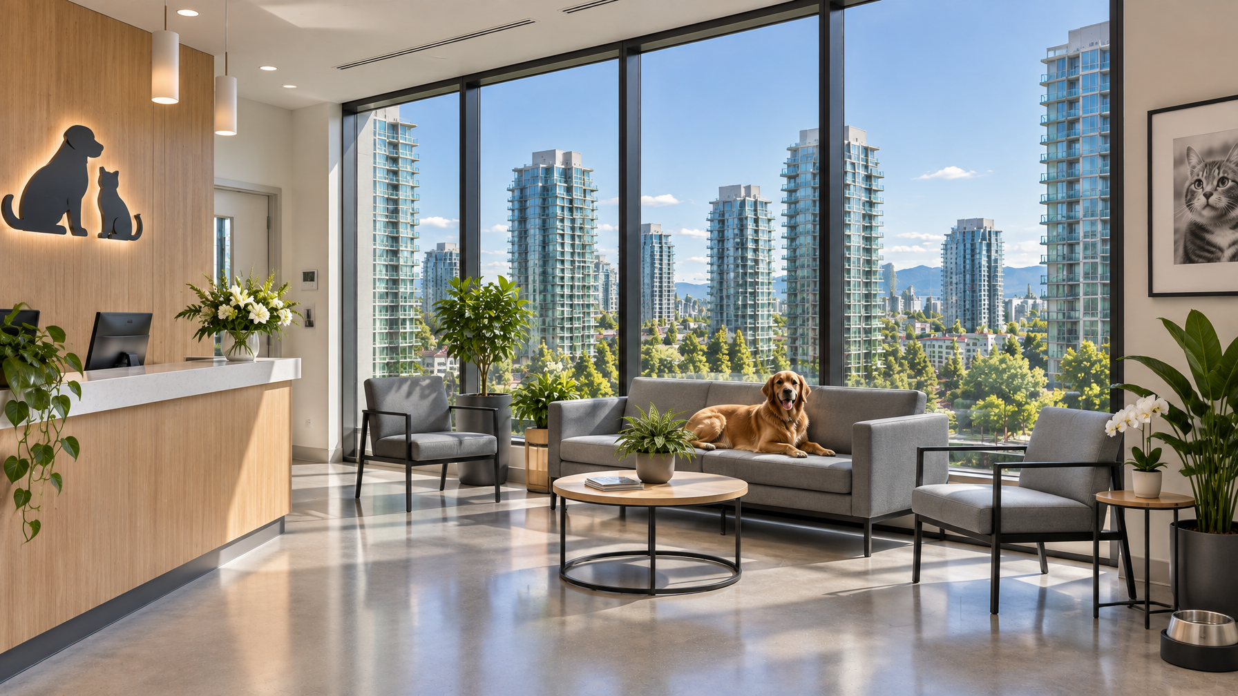 Bright Vancouver veterinary practice waiting room after high-VLT solar film installation on street windows