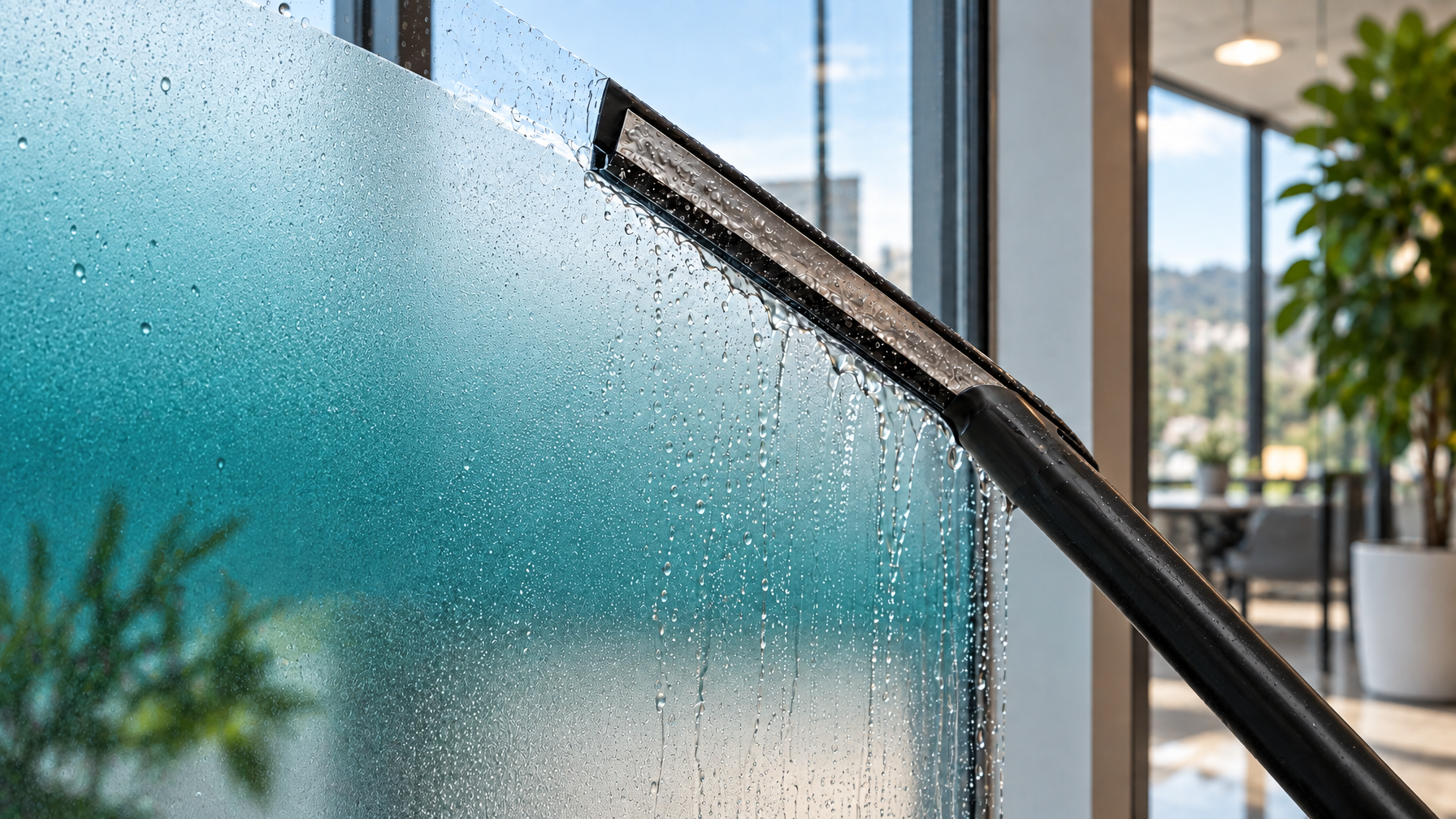 Close-up of coloured gradient architectural film being squeegeed onto interior glass