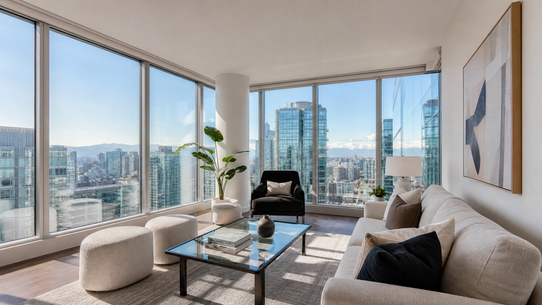 Modern Vancouver strata condo living room with large floor-to-ceiling windows and clear solar film allowing comfortable diffused natural light