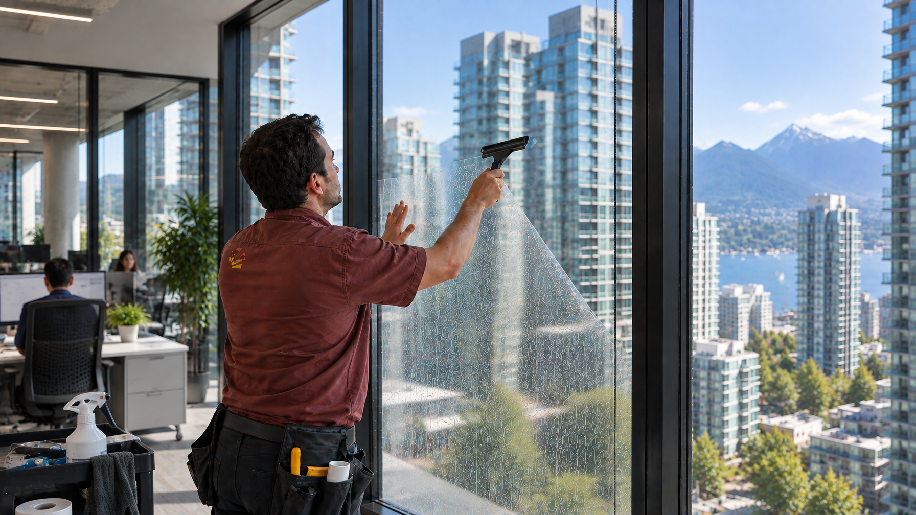 Ecovision installer in brick-red shirt applying commercial solar film on Vancouver office curtain wall
