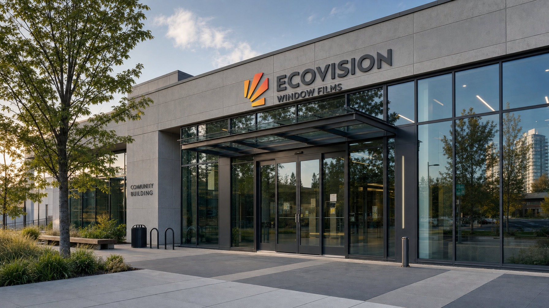 Exterior shot of modern municipal civic building in Greater Vancouver reinforced with commercial security window film