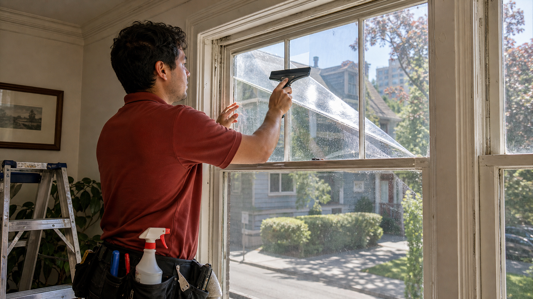 Ecovision installer in brick-red branded shirt applying clear architectural window film to a heritage wood-sash window in Vancouver
