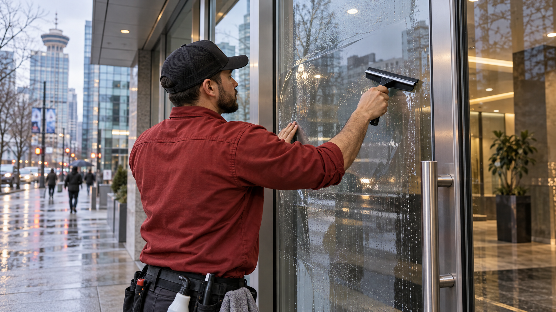 Ecovision installer in a brick-red shirt applying clear security film to Vancouver commercial glass