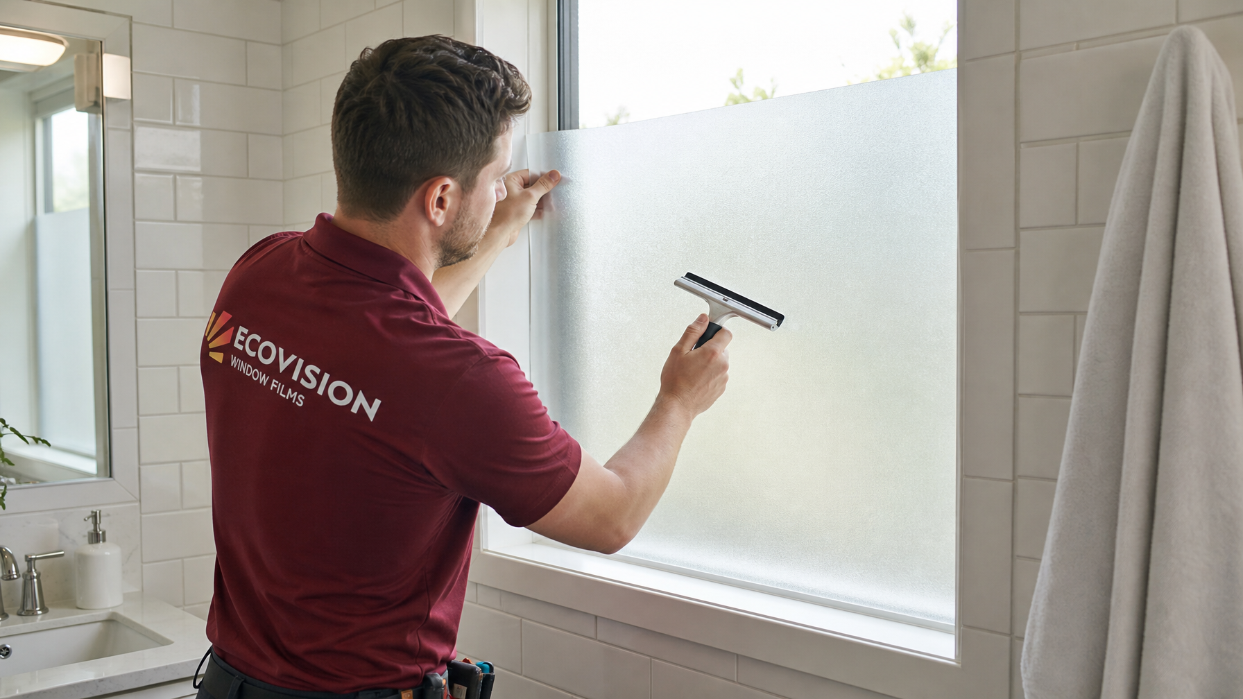 Ecovision installer in brick-red shirt applying frosted privacy film to a bathroom window, modern bright bathroom with white tiles in Vancouver BC