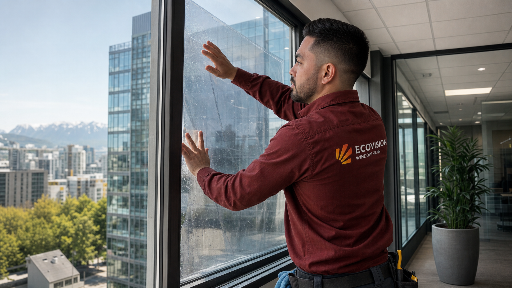 Ecovision installer in a brick-red shirt applying anti-shatter window film onto commercial glass in Vancouver