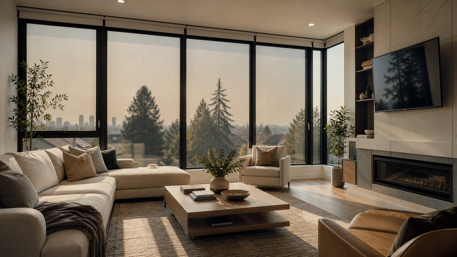 Interior of a modern Vancouver home with privacy window tinting showing diffused natural light