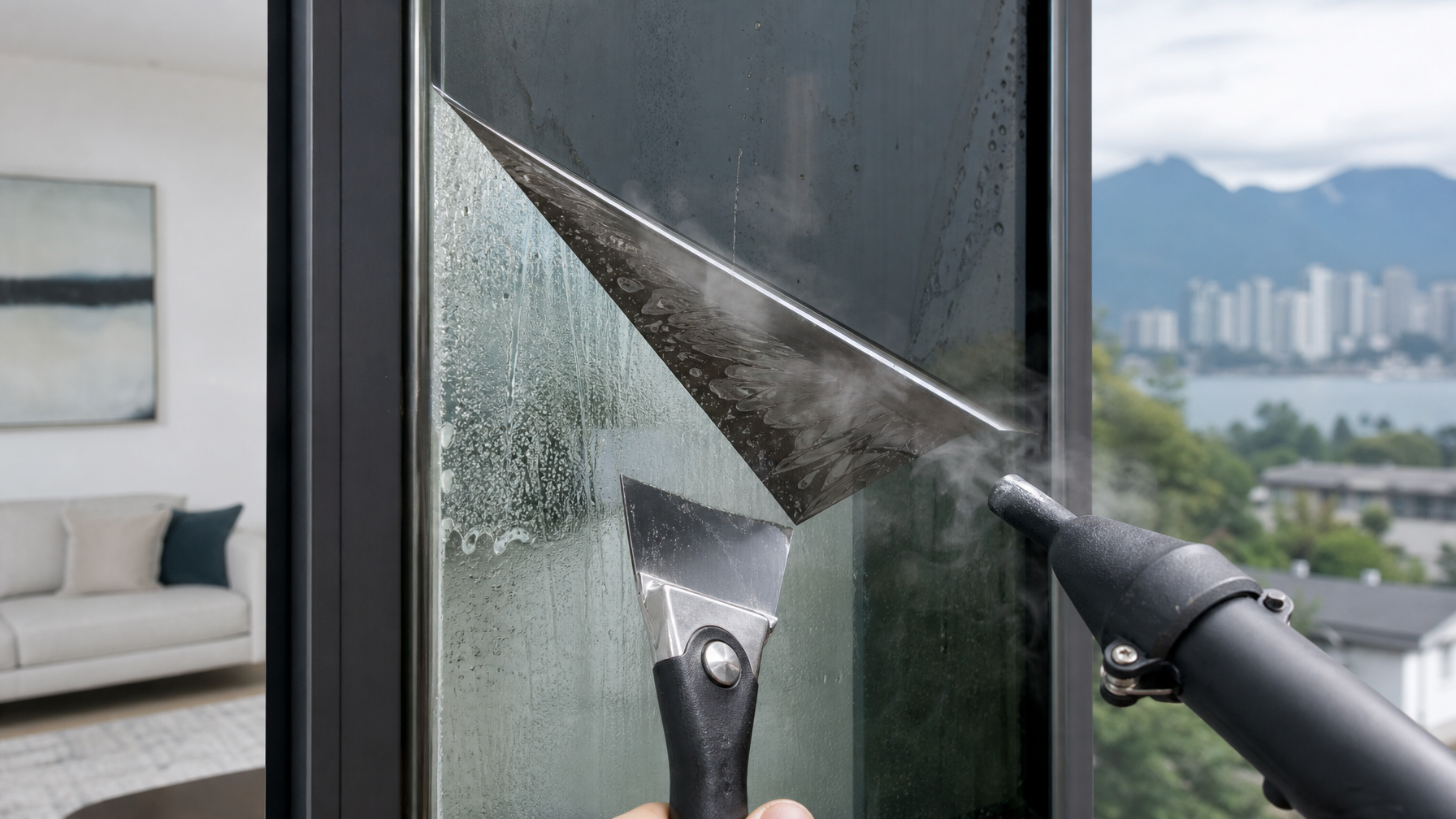 Close-up of window film corner being lifted from glass with a scraper tool after steam treatment, showing adhesive release