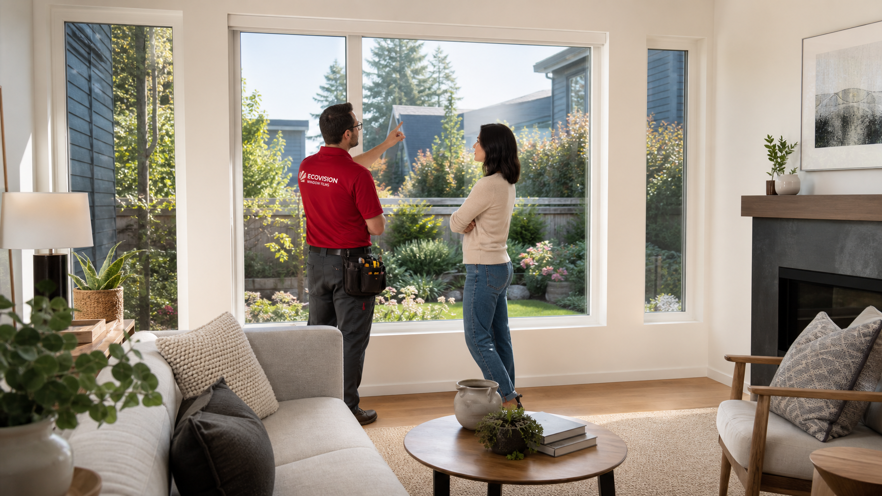 Interior of a Vancouver townhouse living room with window film installed, cool, glare-free, and no blinds required