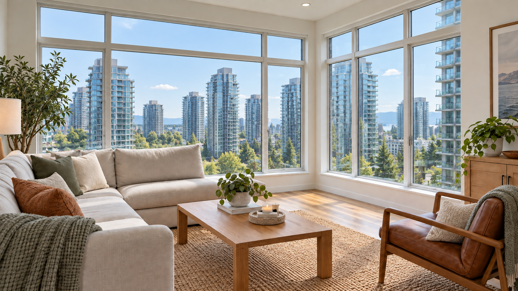 Bright Metro Vancouver condo living room with high-VLT solar film on dual-pane windows