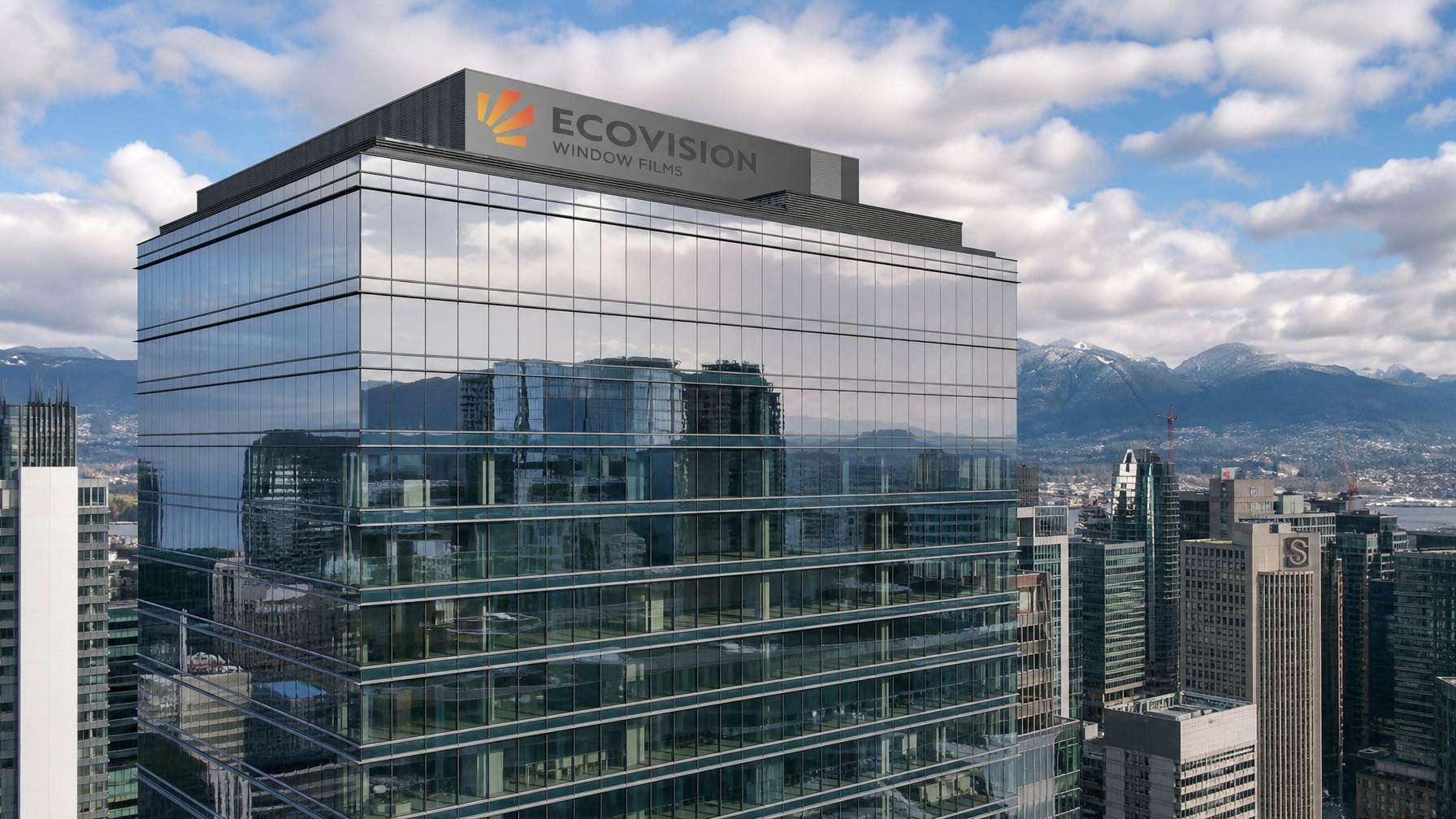 Panoramic view of Vancouver commercial office tower with solar control window film on all windows