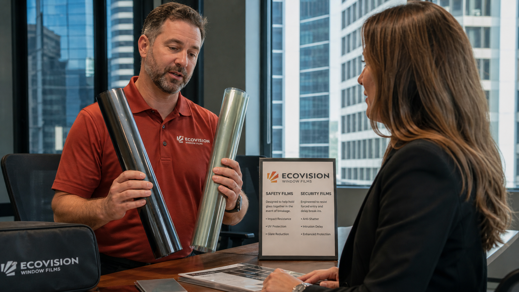 Ecovision technician in brick-red shirt explaining safety versus security window film grades to a property manager at a Vancouver office building