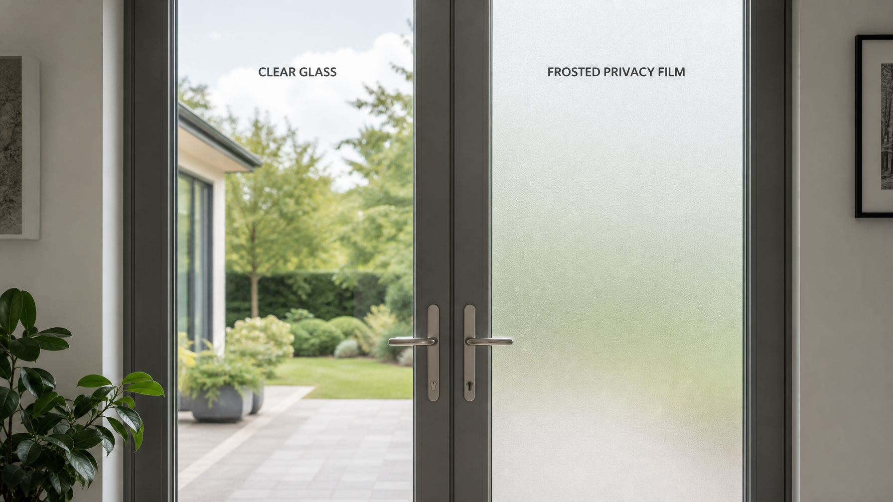 Side-by-side comparison of clear vs frosted window film on glass door panels showing privacy effect while maintaining light diffusion