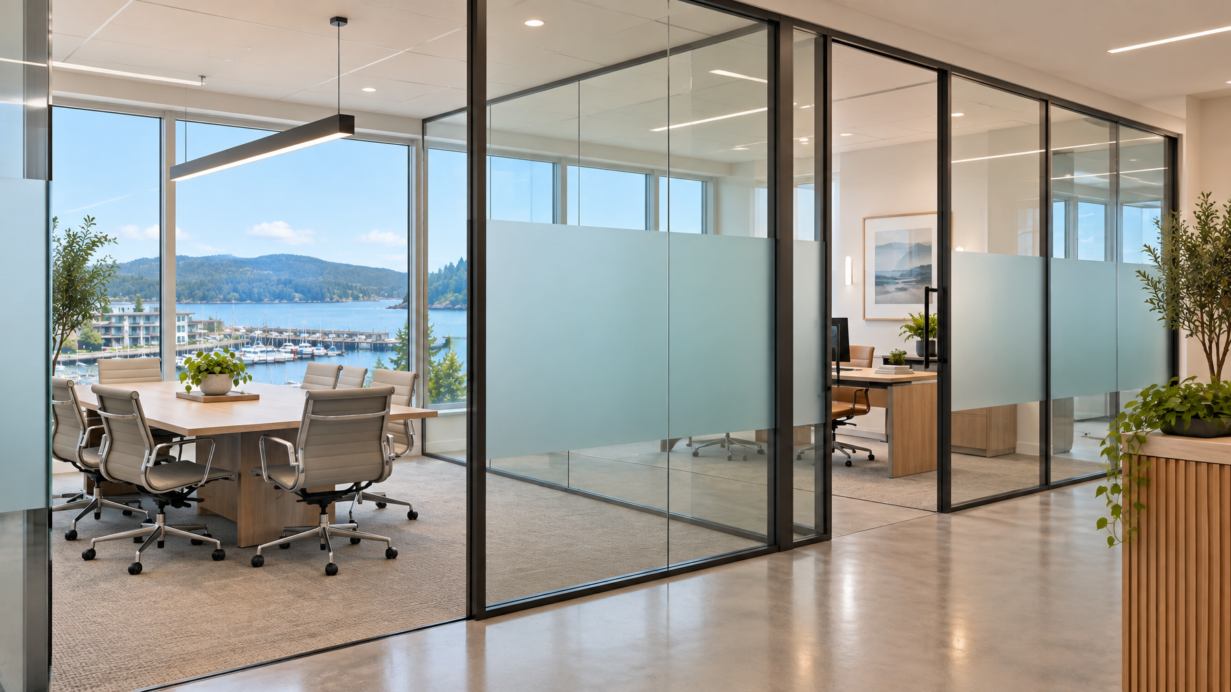 Vancouver office interior with coloured frosted film on glass partitions