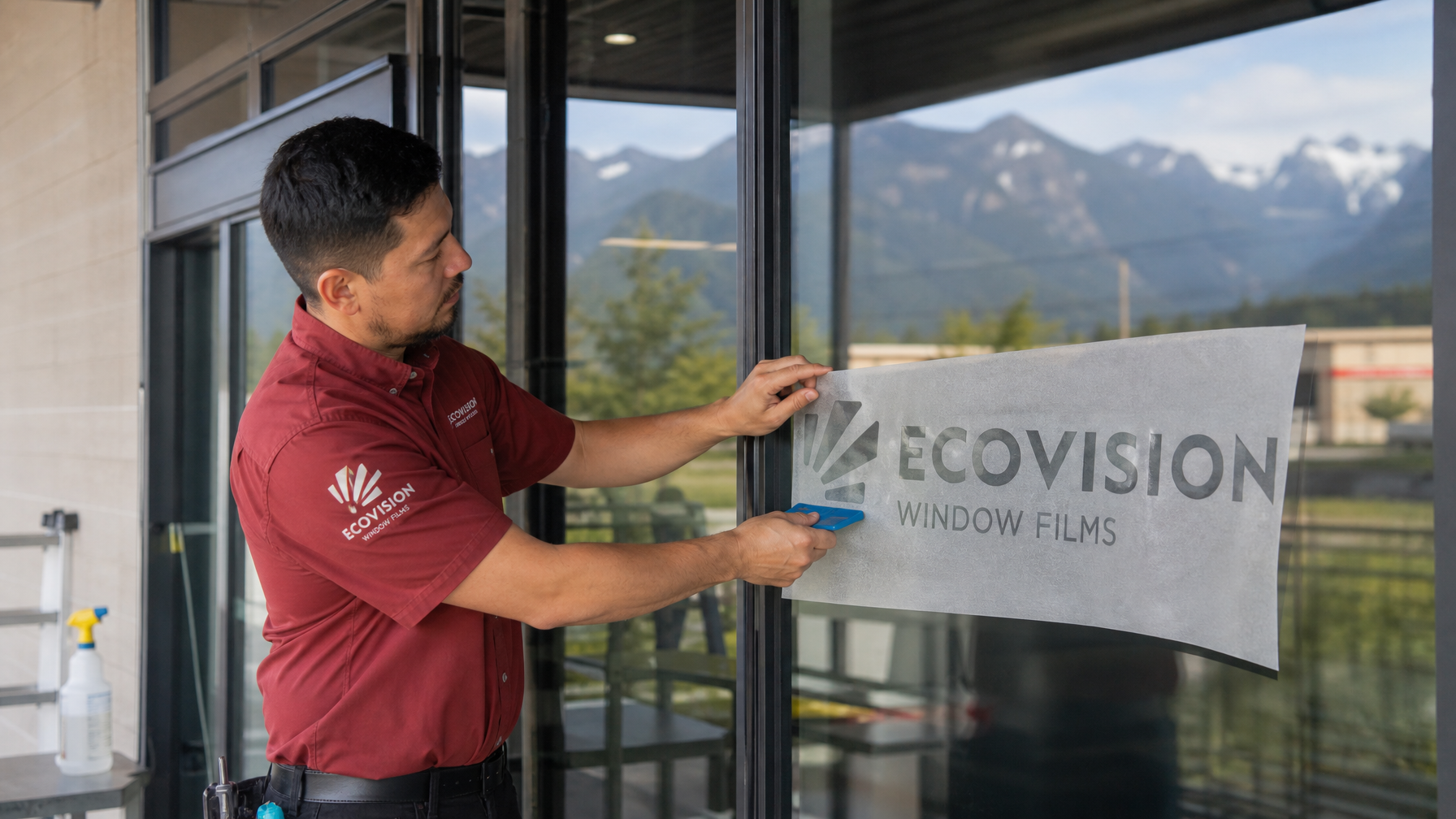 Ecovision Window Films installer in brick-red branded shirt applying vinyl decal over window film on commercial storefront glass in Vancouver BC