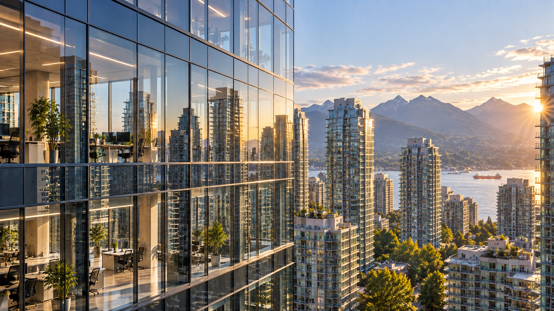 Downtown Vancouver glass commercial office tower exterior, curtain wall elevation
