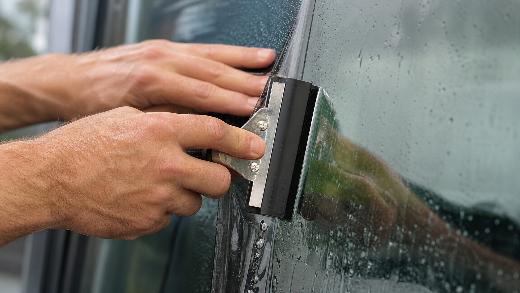 Close-up detail of installer using a squeegee to smooth window film onto glass during professional installation in BC