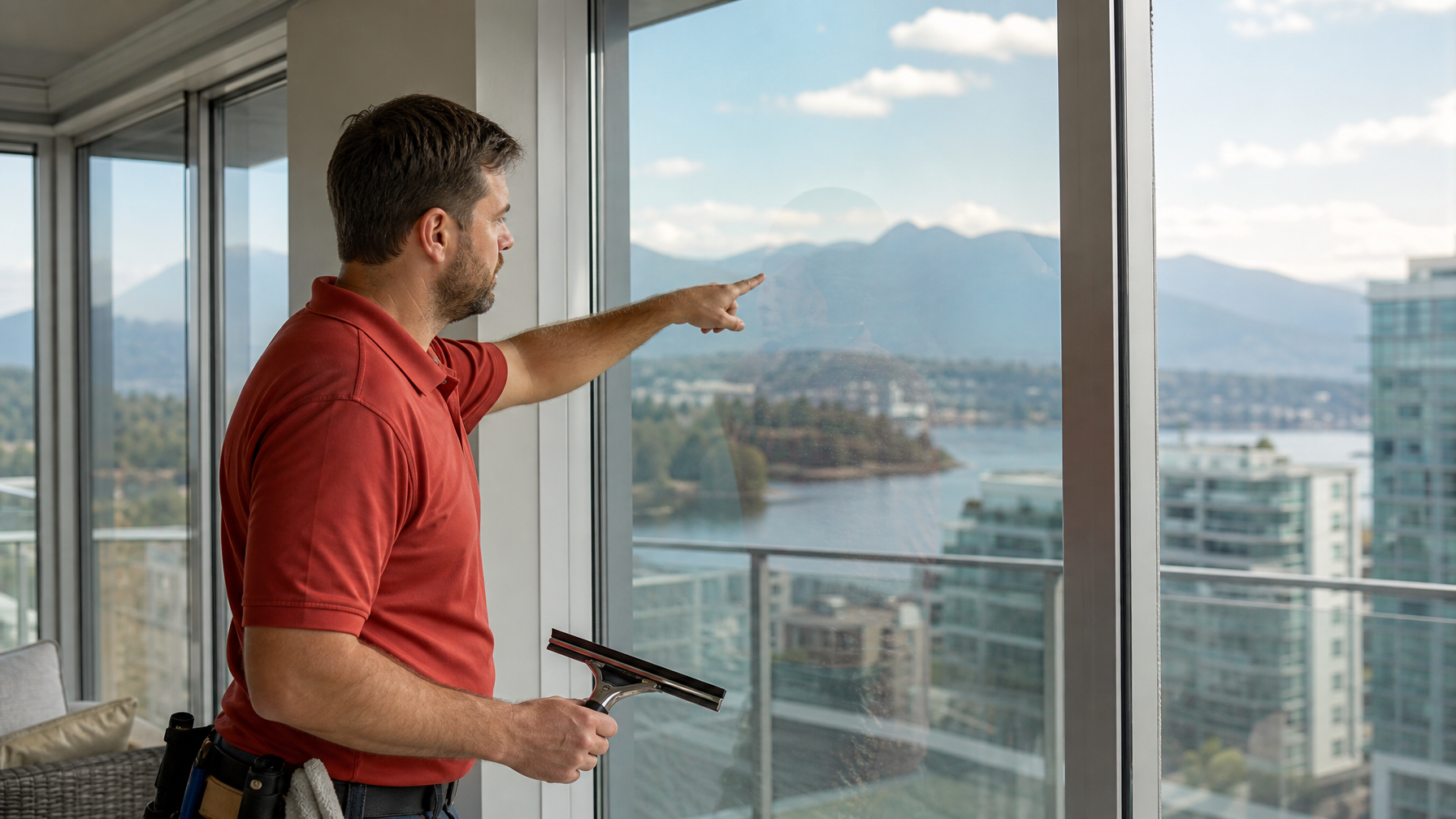 Ecovision installer in brick-red shirt inspecting temporary water pockets on newly installed window film in a Vancouver condo