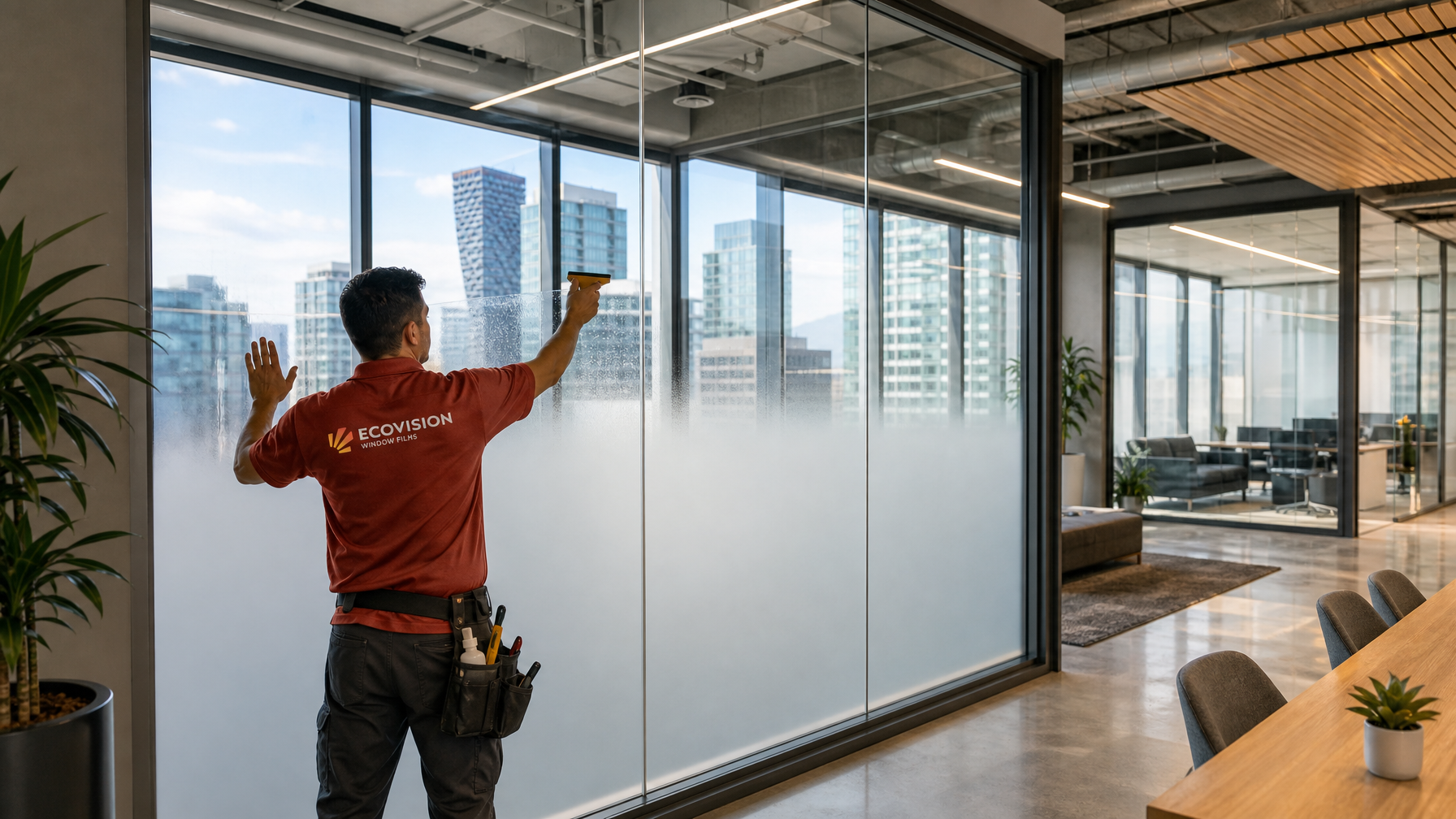 Ecovision installer in brick-red shirt applying gradient window film to a large Vancouver commercial glass partition