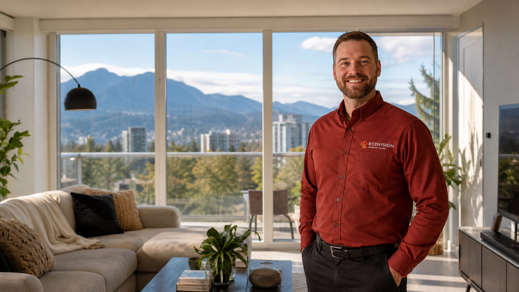 Clean Vancouver residential windows after professional window film removal by Ecovision, North Shore mountains visible